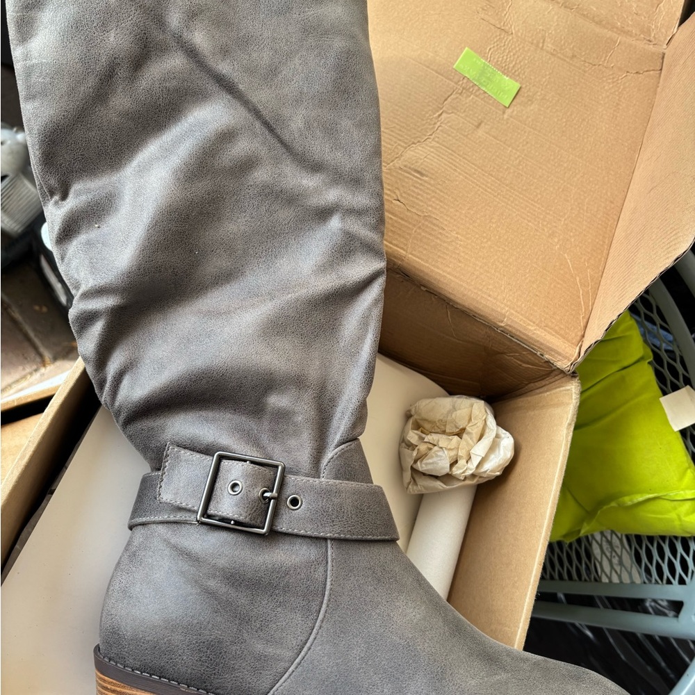 Women's Gray Suede-Look Knee Boot with Buckle Strap